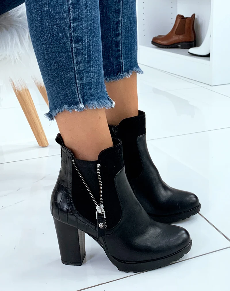 Bottines noires bi-matières à talon