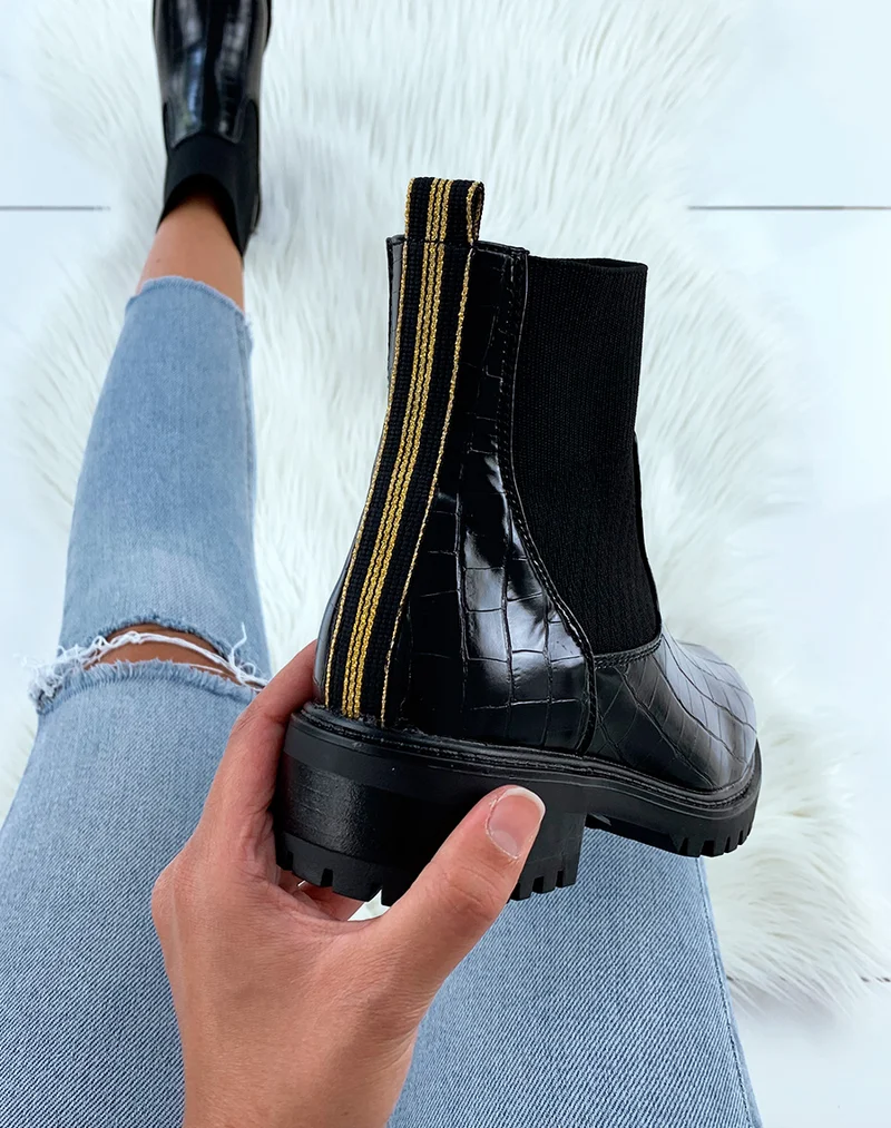 Bottines effet chaussettes noires en matière croco