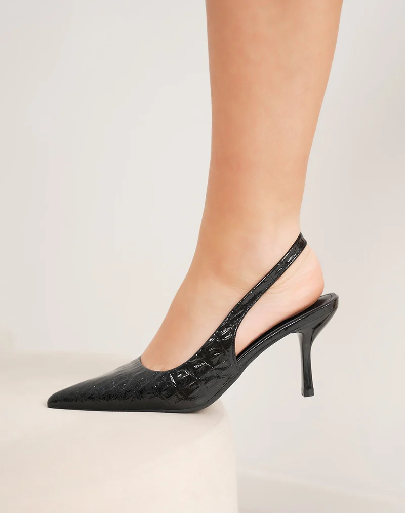 Escarpins femme noirs vernis effet croco à bout pointu avec bride arrière élégante