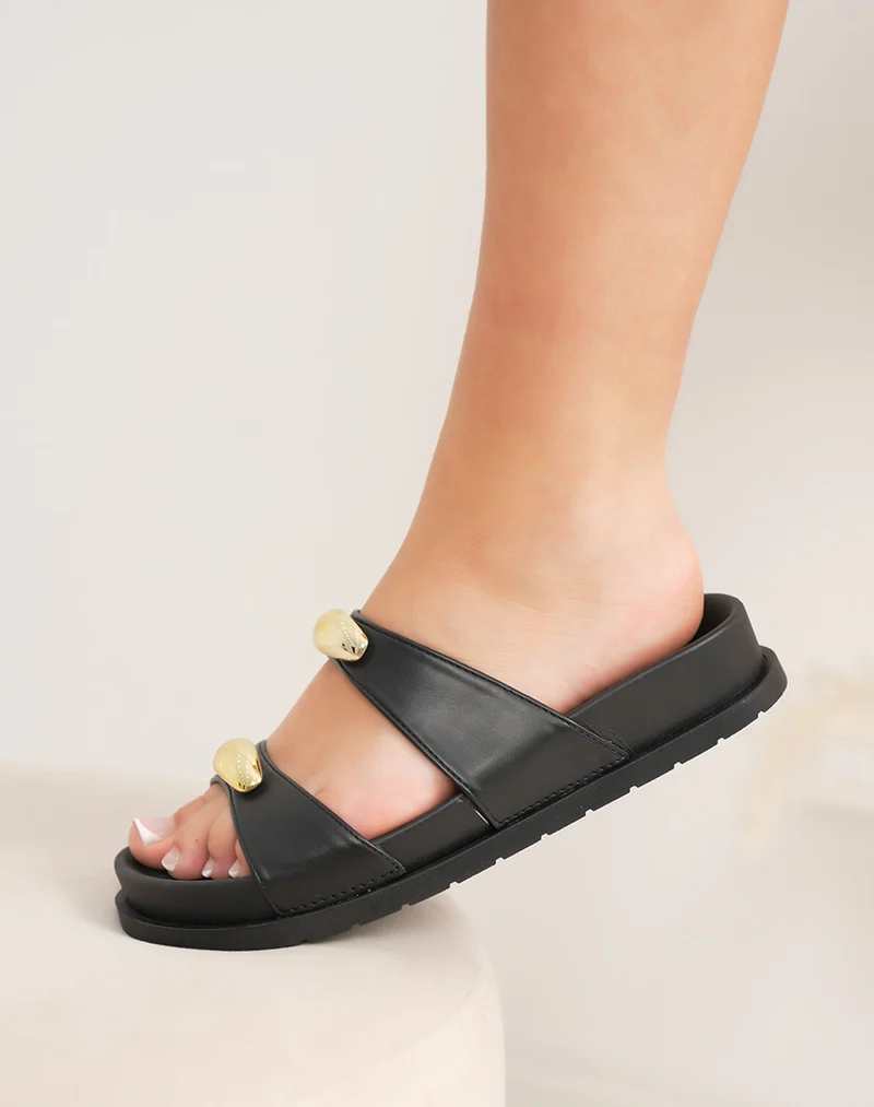 Mules femme noires plates à brides larges et détails dorés élégants