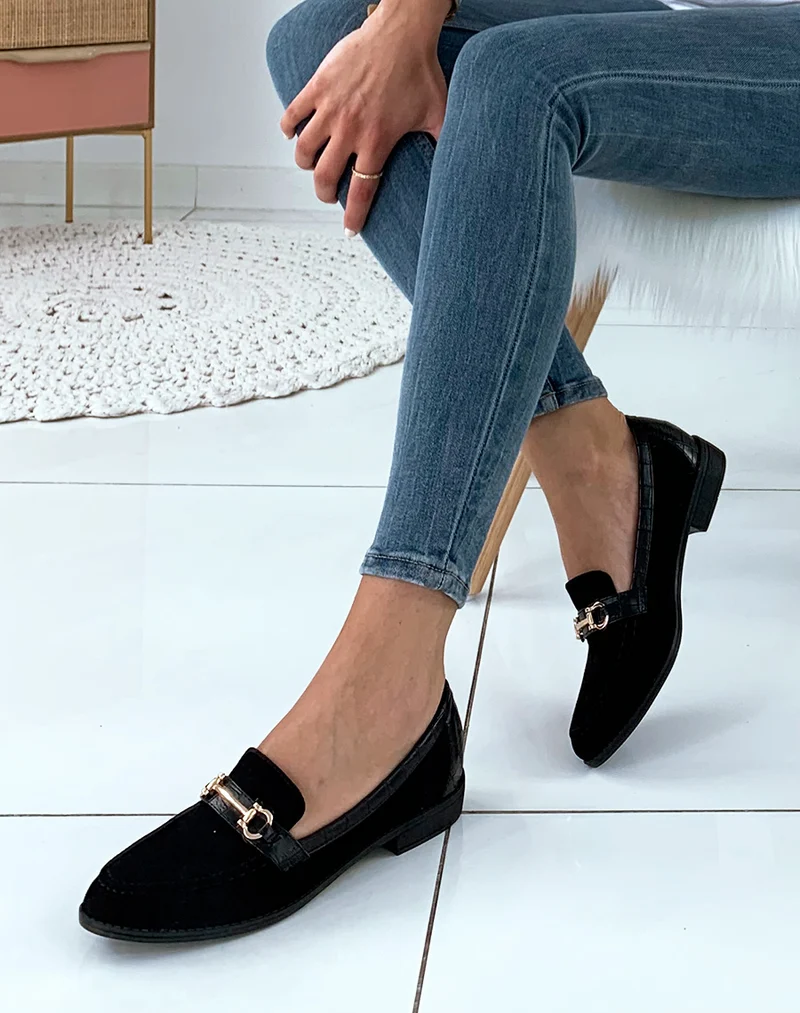 Mocassins noirs bi-matières suédine et croco