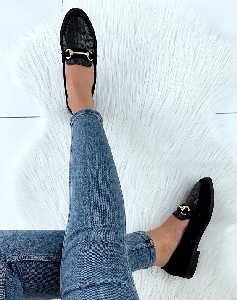Mocassins noirs en suédine à franges et à détails croco