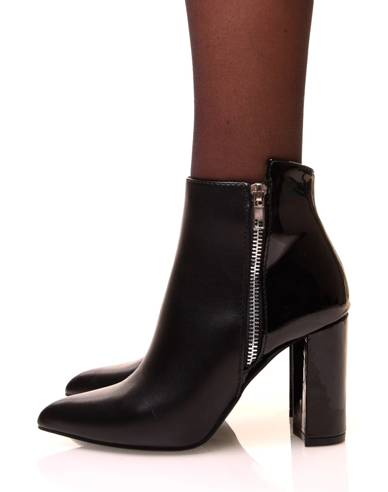 Bottines noires à talons bi matières effet verni