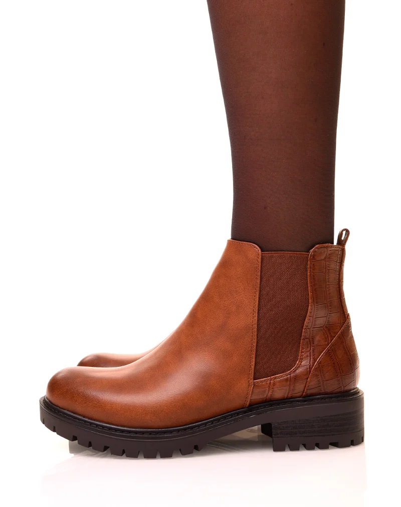 Chelsea boots camel bi-matières à semelles crantées