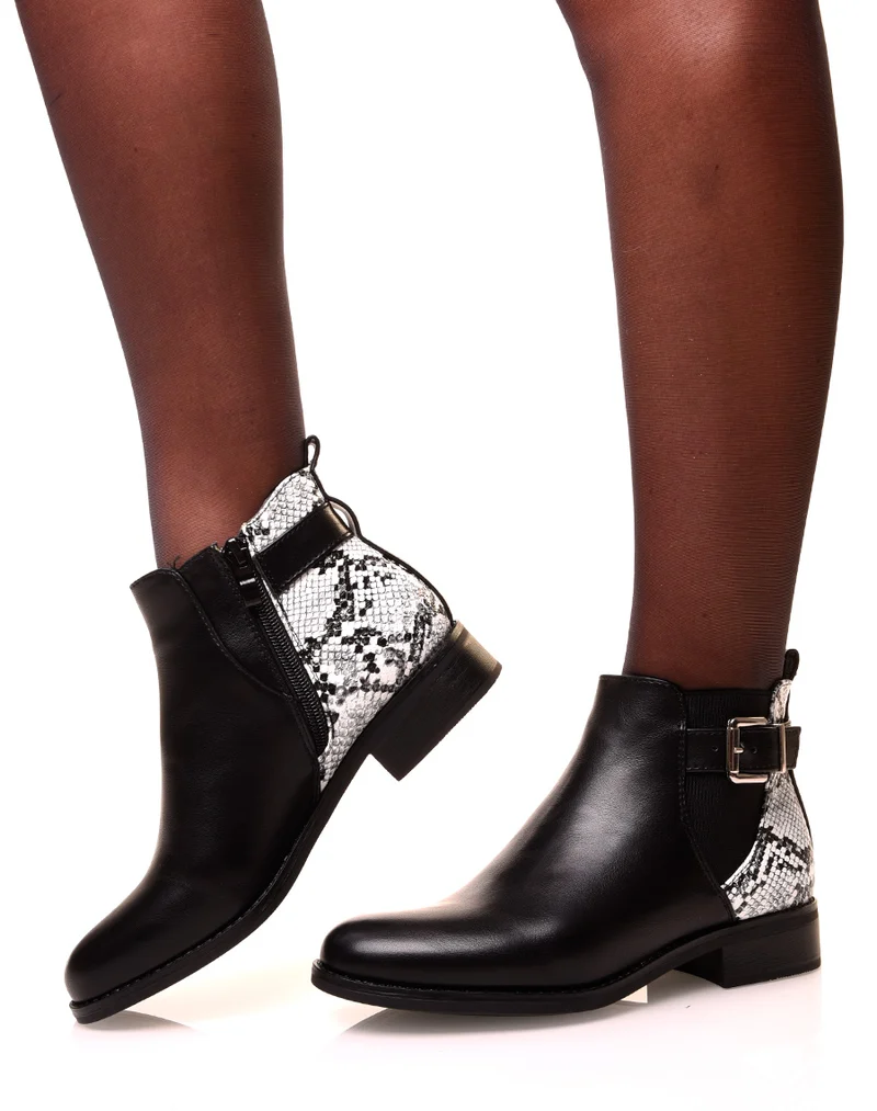 Bottines noires bi-matières effet python