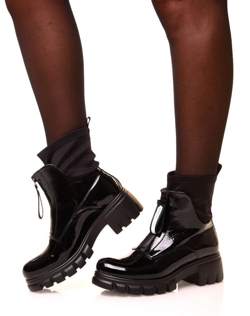 Bottines noires vernies a zip effet chaussette
