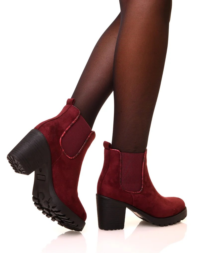 Bottines bordeaux en suédine à petit talon