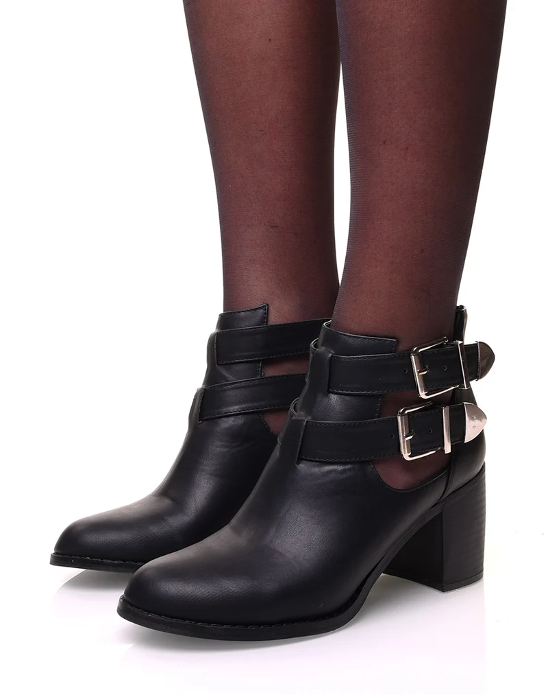 Bottines à talons noires ajourées à double sangles
