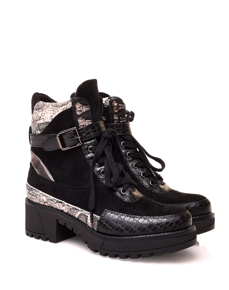 Bottines noires multi-matières à talon épais