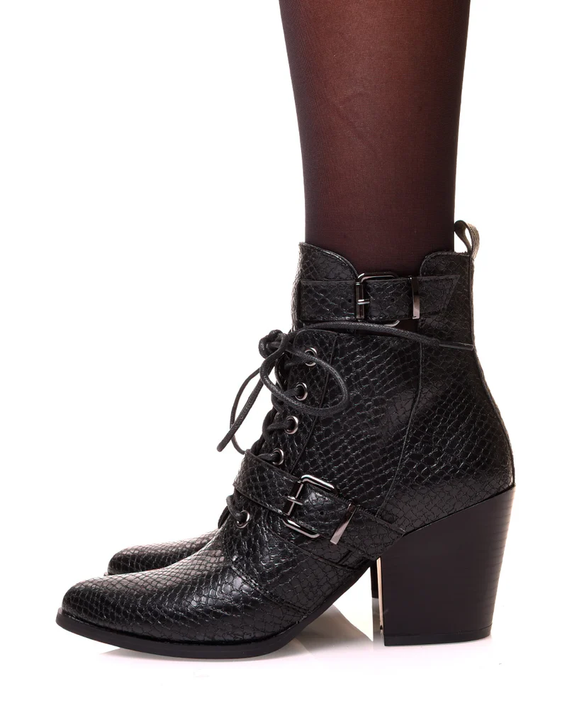 Santiags noires à lacets effet python