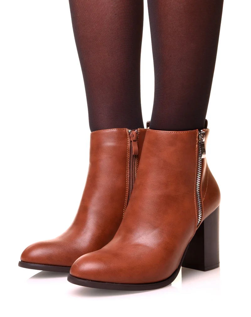 Bottines à talon camel bi matière effet python