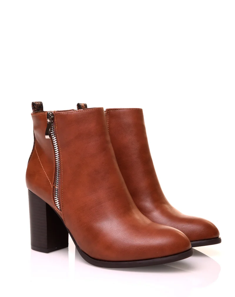 Bottines à talon camel bi matière effet python