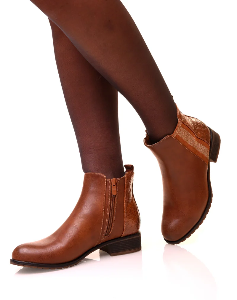Bottines camel bi-matières effet croco