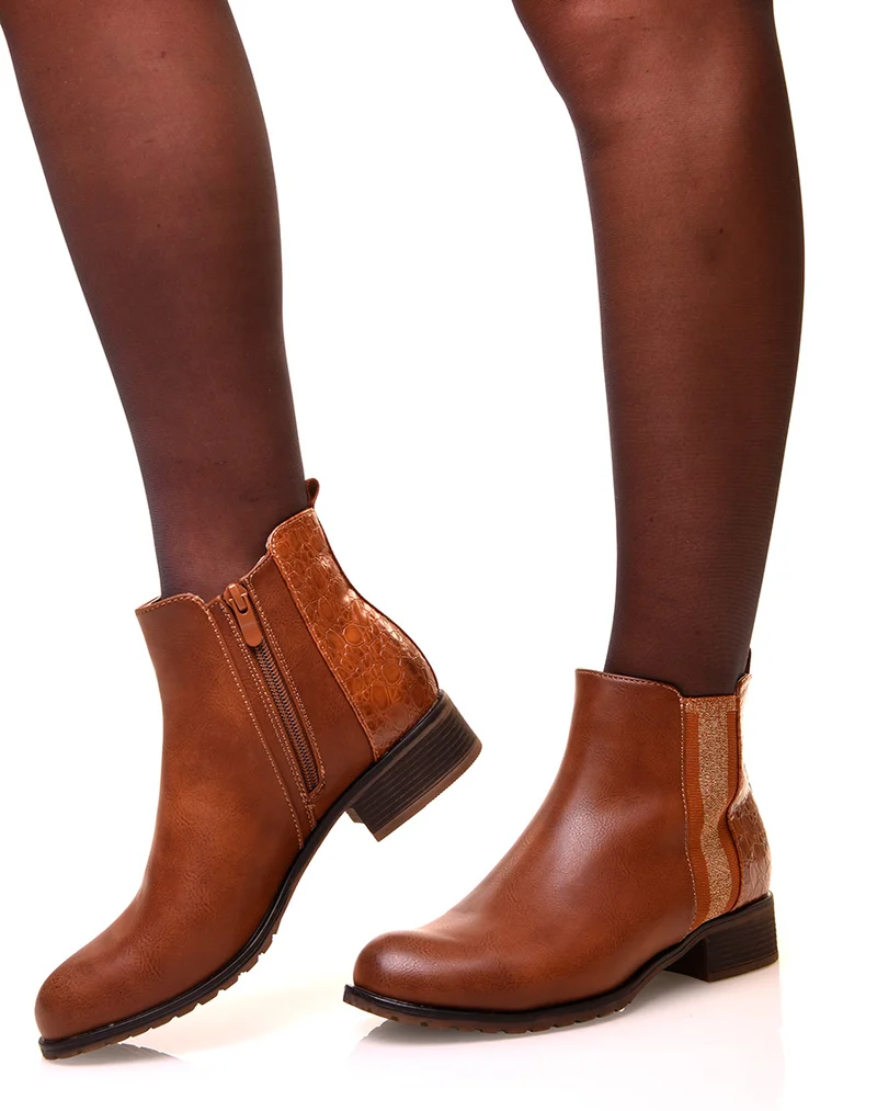 Bottines camel bi-matières effet croco