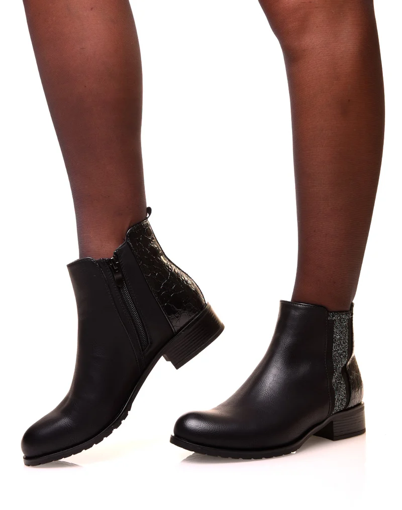 Bottines noires bi-matières effet croco