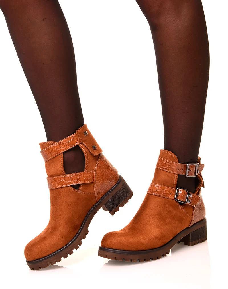 Bottines camelles en suédine crantées à boucles