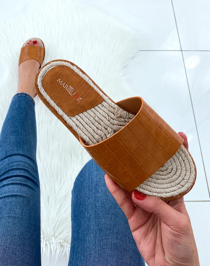 Mules camel effet croco à simple bride