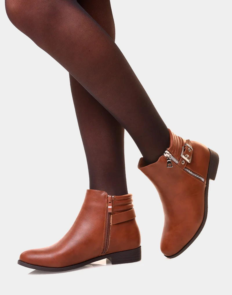 Bottines camel basses à zip décoratif