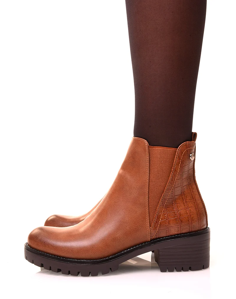 Bottines camel bi-matières effet croco et élastique échancré