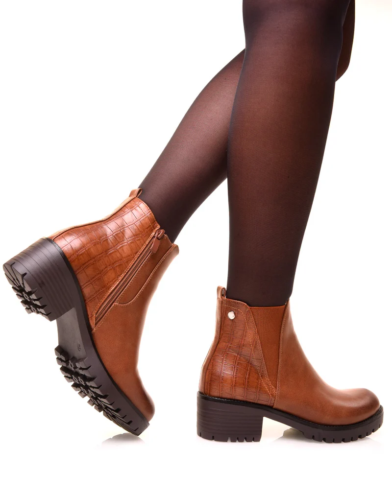 Bottines camel bi-matières effet croco et élastique échancré