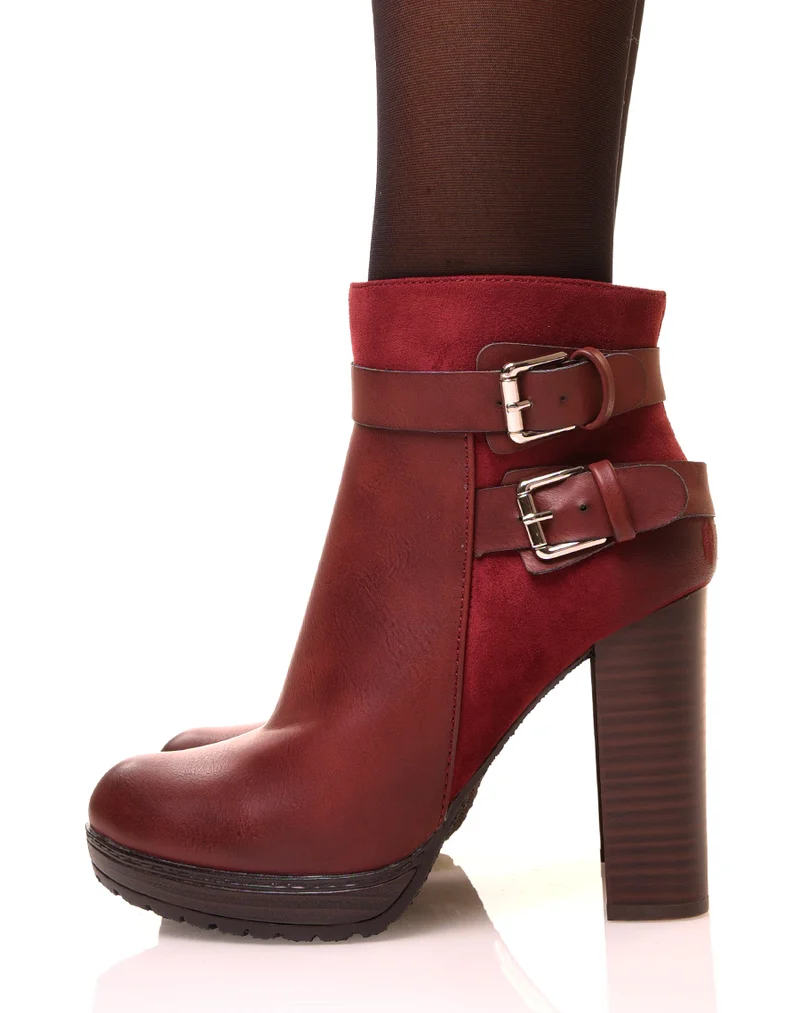 Bottines bordeaux à talons bi-matières