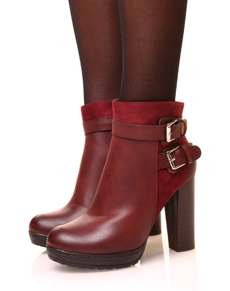 Bottines bordeaux à talons bi-matières