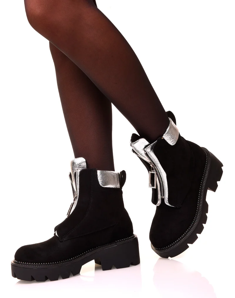 Bottines noires et argentés en suédine à zip