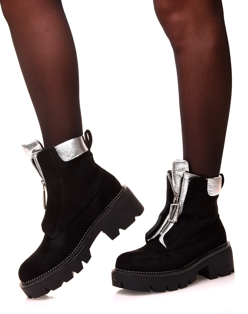 Bottines noires et argentés en suédine à zip
