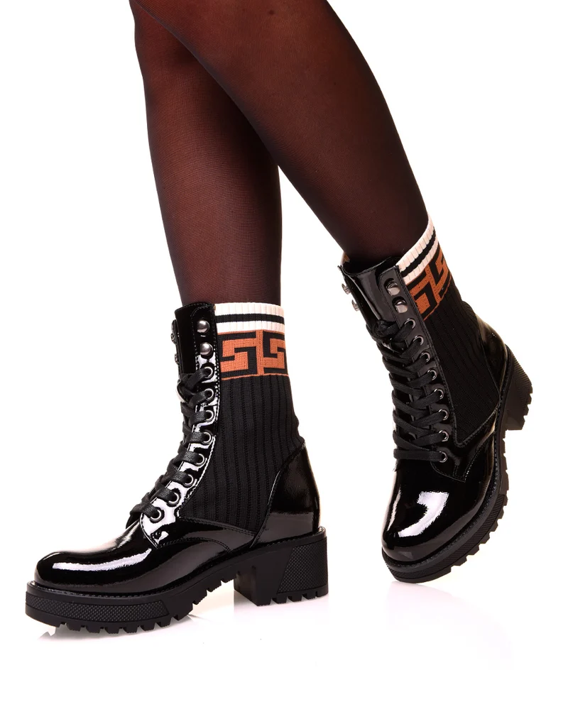 Bottines montantes noires vernies à effet chaussette
