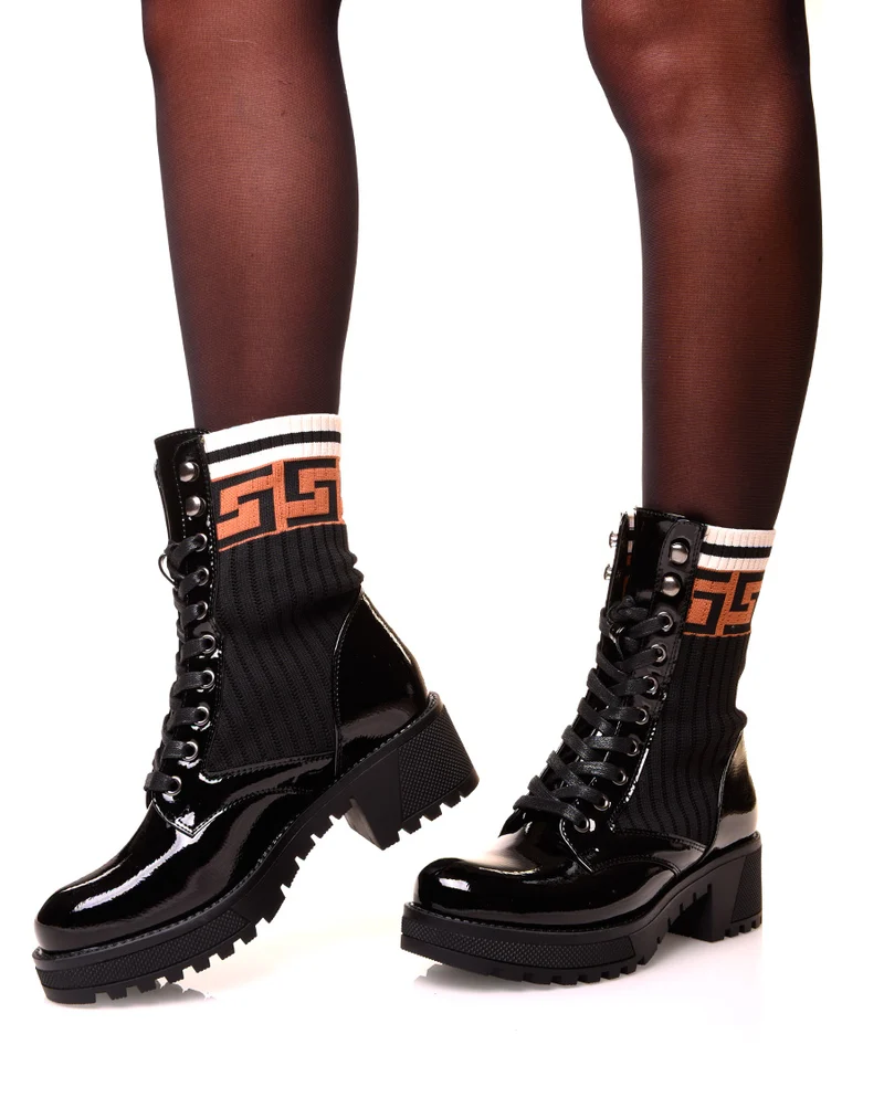 Bottines montantes noires vernies à effet chaussette