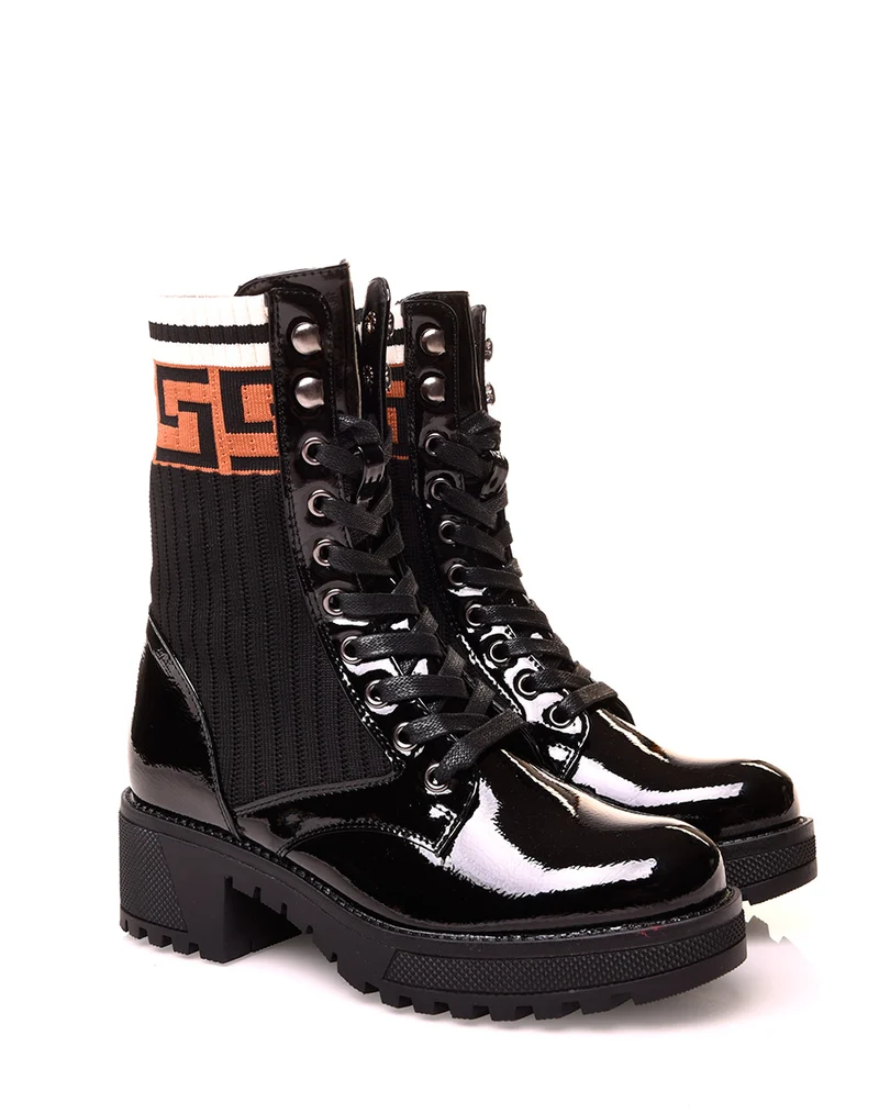 Bottines montantes noires vernies à effet chaussette