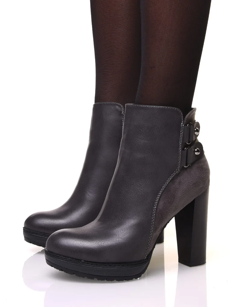Bottines grises à talons haut bi-matière