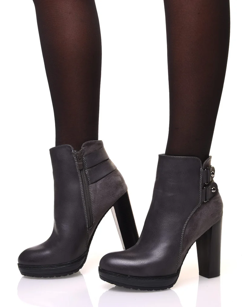 Bottines grises à talons haut bi-matière