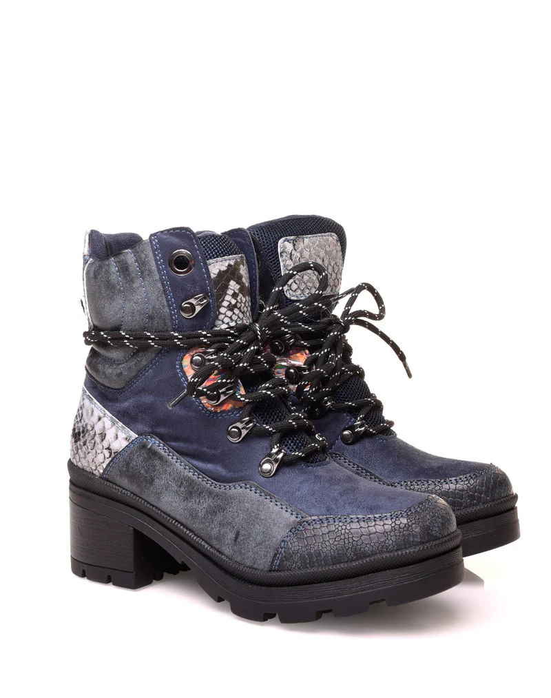 Bottines montantes bleues à lacets en suédine à détails python