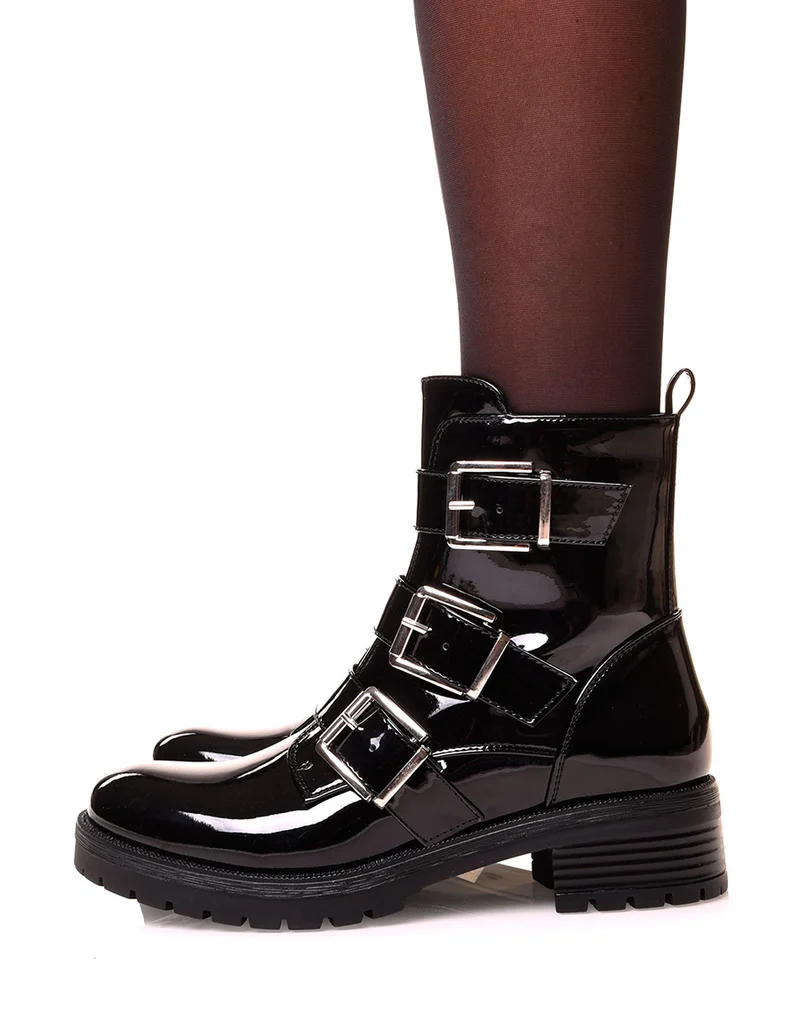 Bottines noires vernis noires à sangles