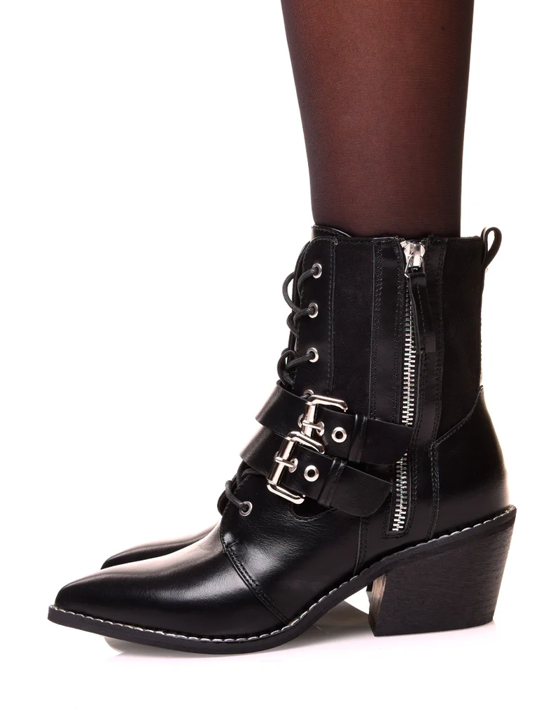 Bottines noires à lacets et à talons biseautés bi-matières