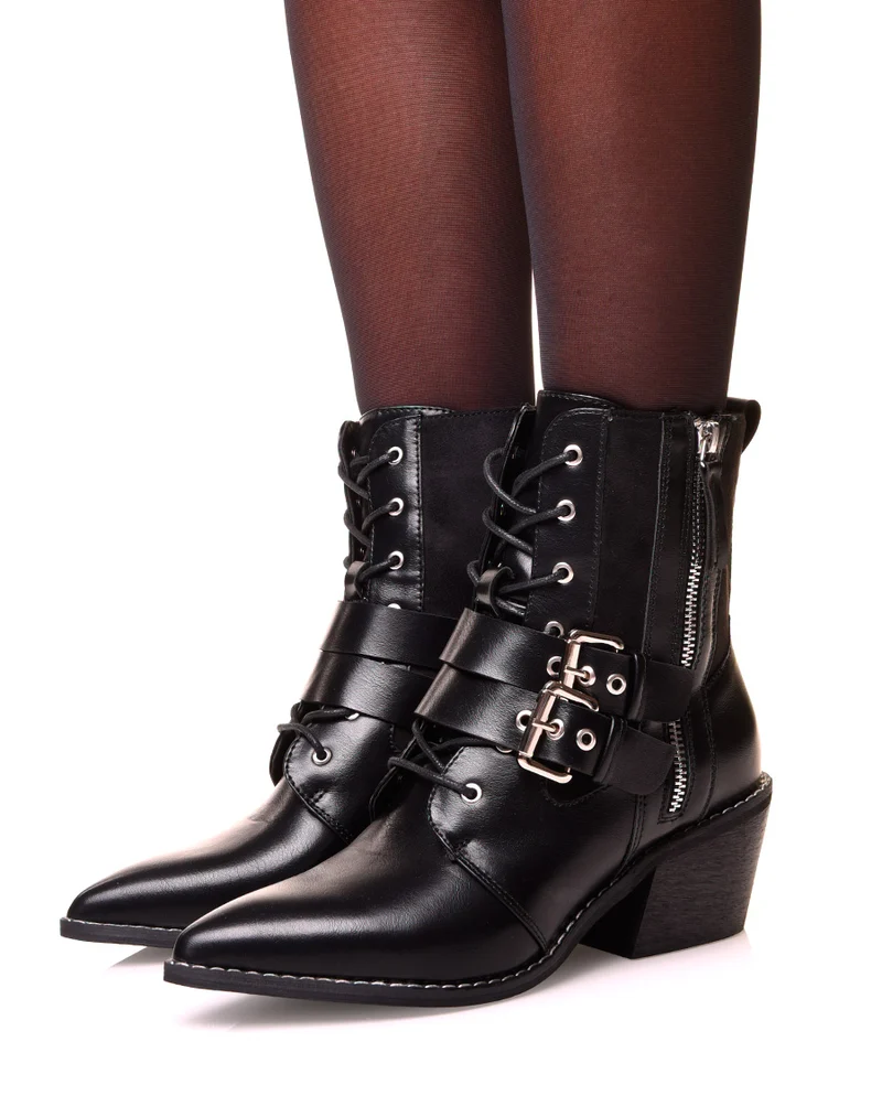 Bottines noires à lacets et à talons biseautés bi-matières