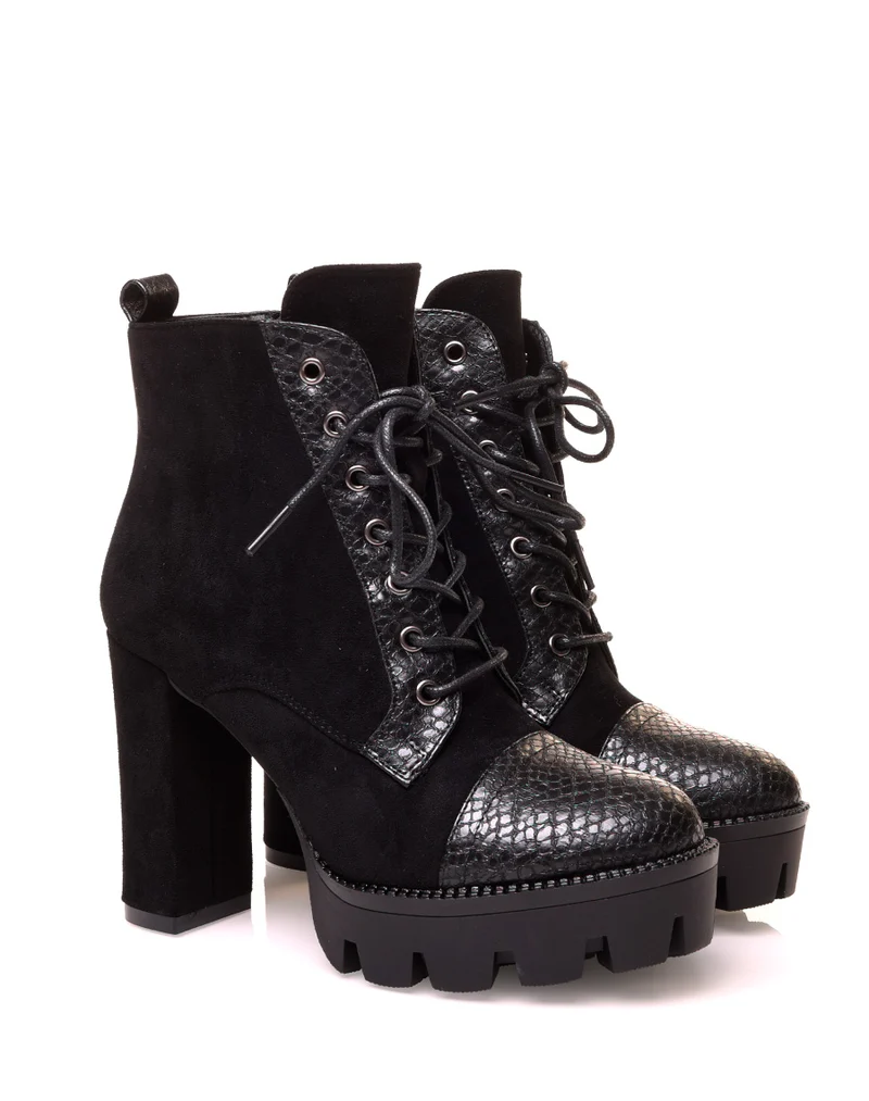 Bottines à talon noir bi-matière effet python