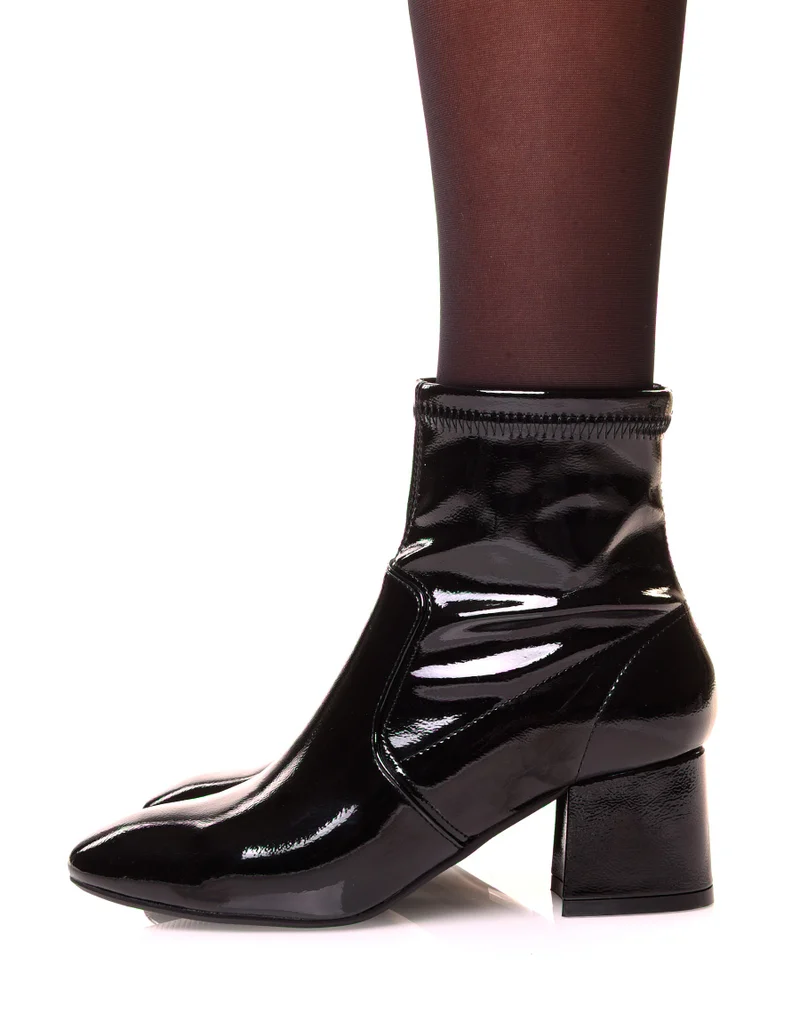 Bottines à talon carré vernis noirs