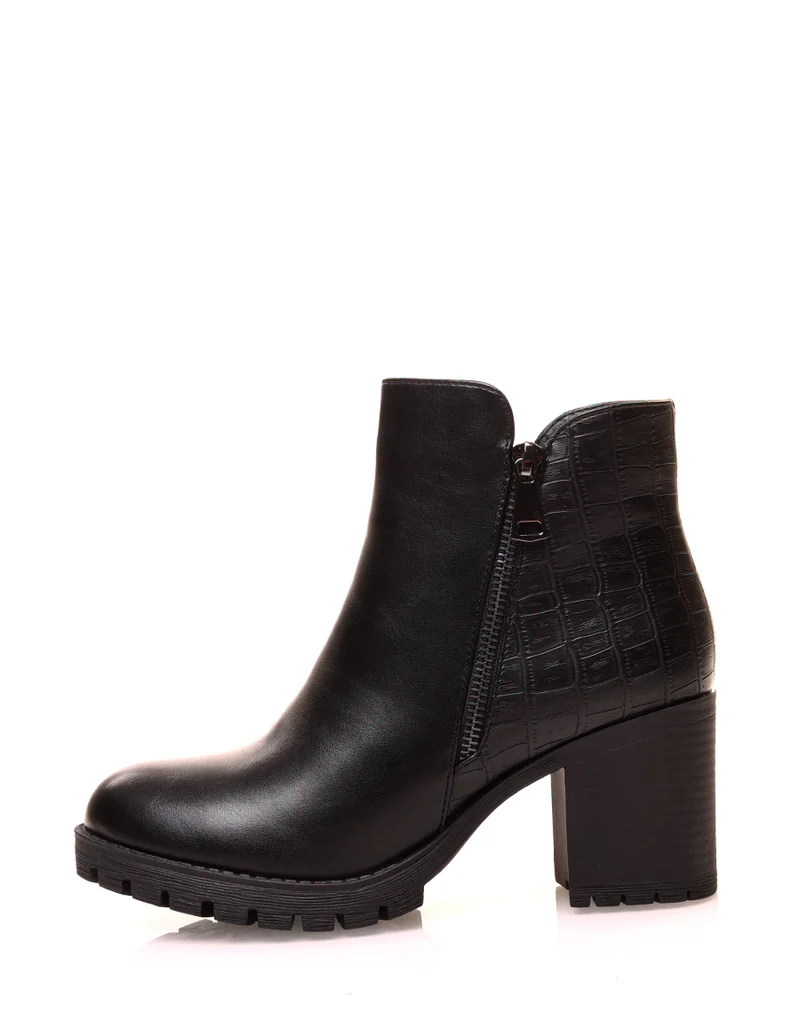 Bottines noires à talons carrés bi-matières