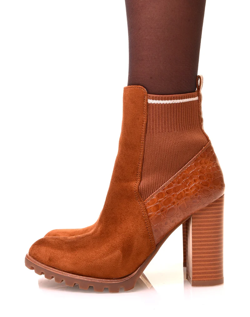 Bottines camel à talons bi-matières à effet chaussette