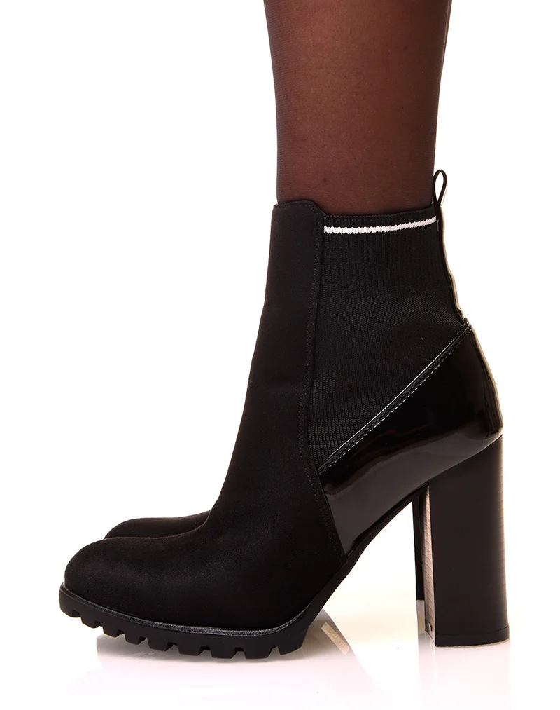 Bottines noires à talons bi-matières à effet chaussette