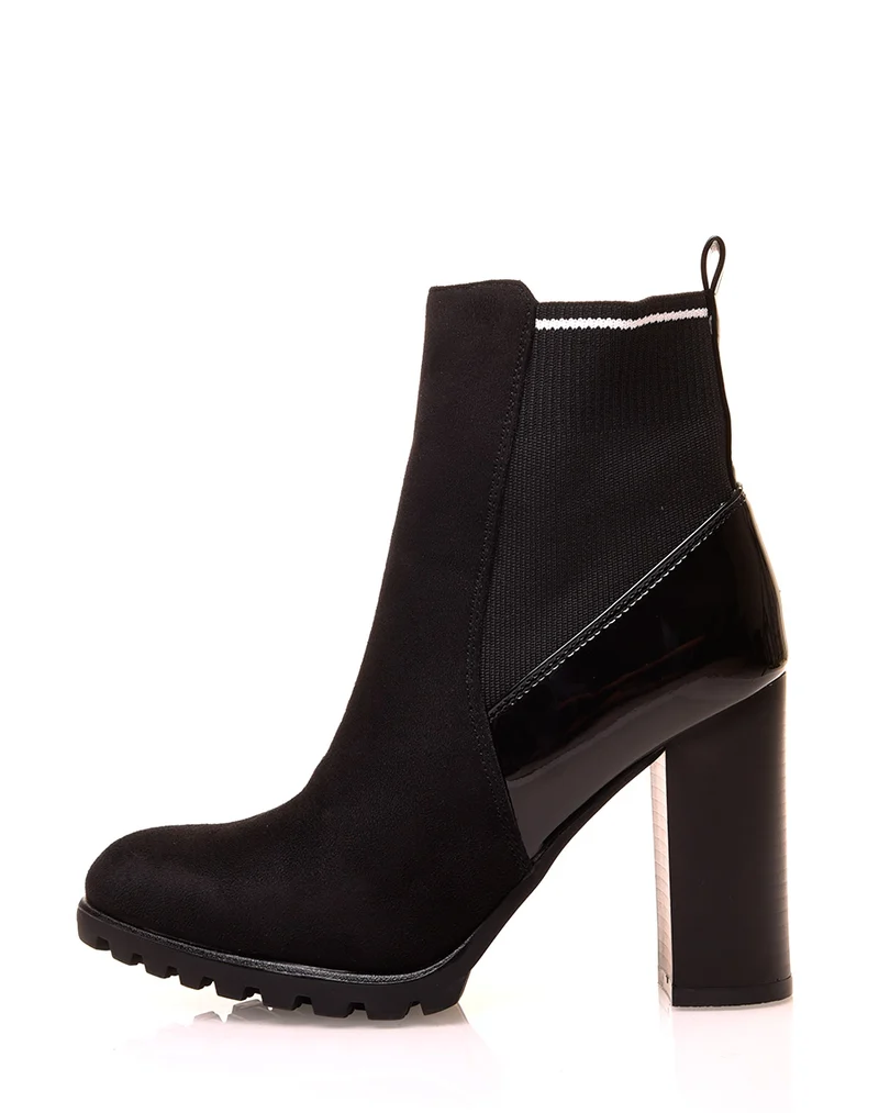 Bottines noires à talons bi-matières à effet chaussette