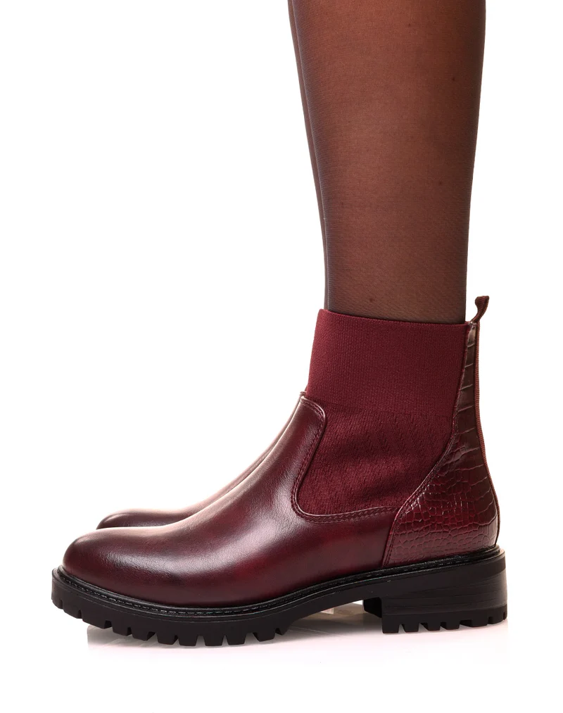 Bottines bordeaux bi-matières à effet chaussette