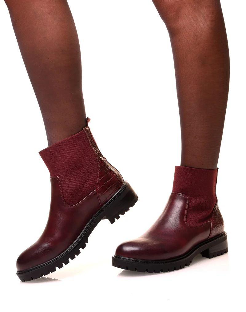 Bottines bordeaux bi-matières à effet chaussette