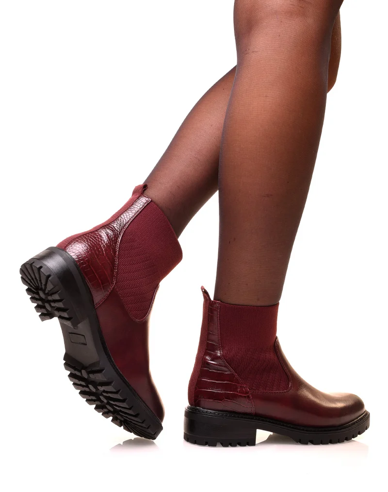 Bottines bordeaux bi-matières à effet chaussette