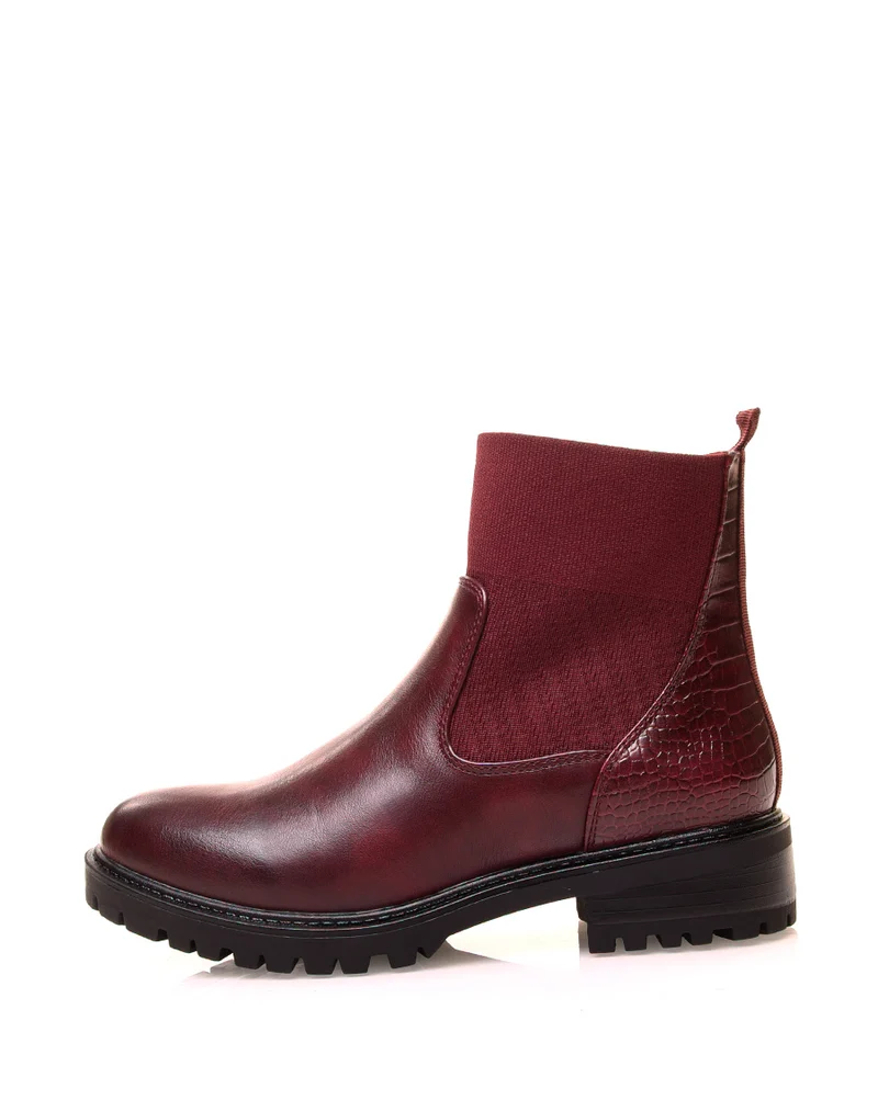 Bottines bordeaux bi-matières à effet chaussette