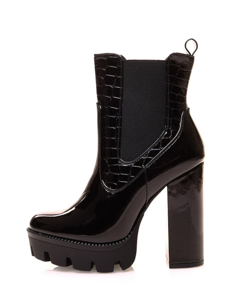 Bottines noires à talons bi-matières effet croco