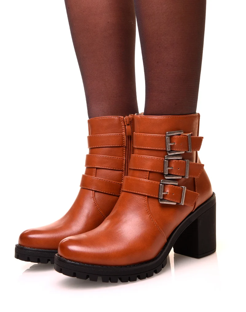 Bottines camel à talons et à sangles