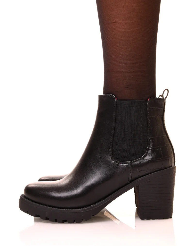 Bottines noires à talons mi-haut à effet croco